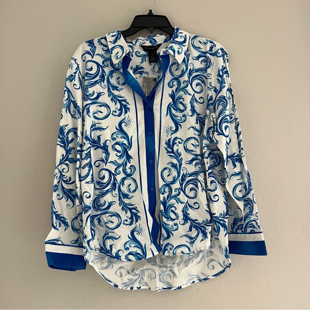 Investment Linen Button Down Shirt Blue White Scroll Print NWT Size L - Picture 2 of 8